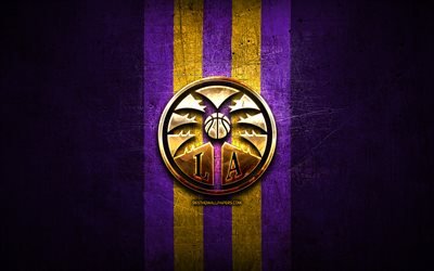 Los Angeles Sparks, gyllene logotypen, WNBA, violett metallbakgrund, amerikanskt basketlag, Los Angeles Sparks-logotypen, basket, LA Sparks