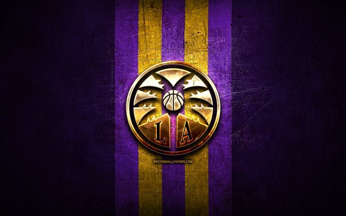 Los Angeles Sparks, golden logo, WNBA, violet metal background, american basketball team, Los Angeles Sparks logo, basketball, LA Sparks