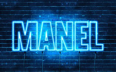 Manel, 4k, wallpapers with names, Manel name, blue neon lights, Happy Birthday Manel, popular arabic male names, picture with Manel name