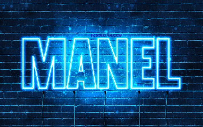 Manel, 4k, bakgrundsbilder med namn, Manel namn, bl&#229; neonljus, Grattis p&#229; f&#246;delsedagen Manel, popul&#228;ra arabiska manliga namn, bild med Manel namn