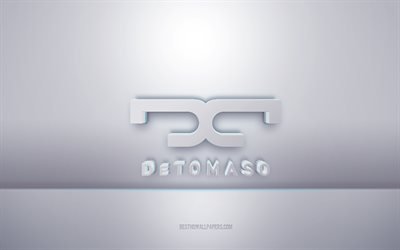 Logotipo 3D branco De Tomaso, fundo cinza, logotipo De Tomaso, arte criativa em 3D, De Tomaso, emblema em 3D