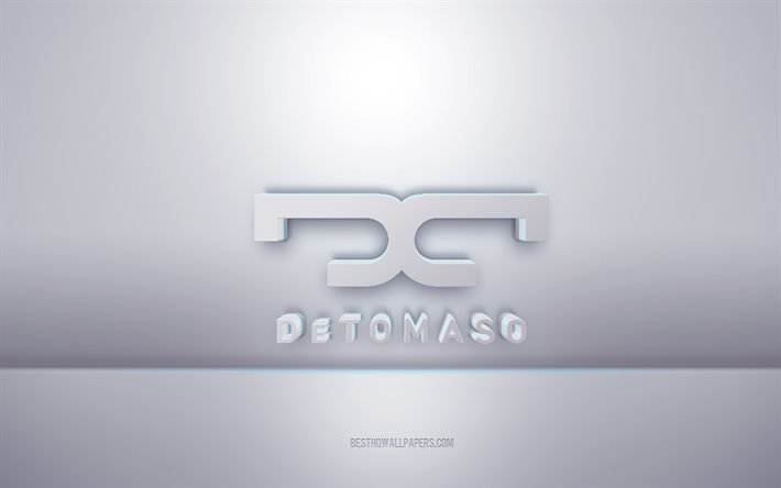 De Tomaso 3d vit logotyp, gr&#229; bakgrund, De Tomaso logotyp, kreativ 3d konst, De Tomaso, 3d emblem