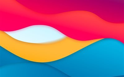 4k, material design, pink and blue waves, abstract waves, colorful backgrounds, geometric art, creative, background with waves