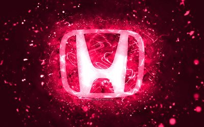Honda pink logo, 4k, pink neon lights, creative, pink abstract background, Honda logo, cars brands, Honda