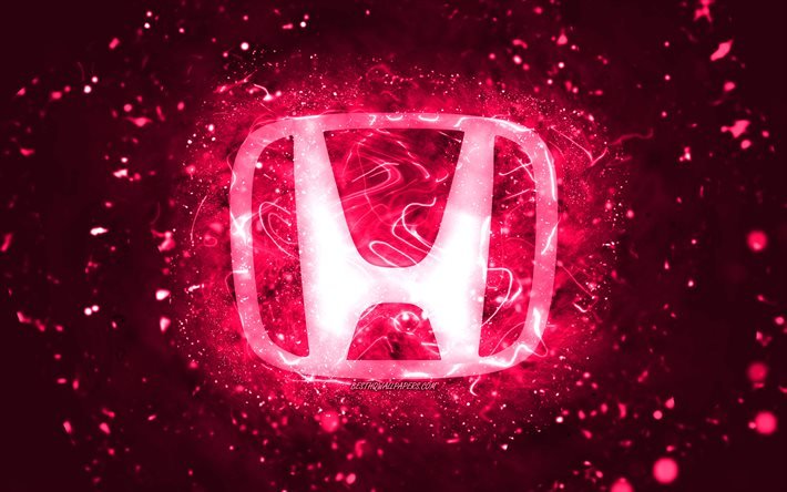 Honda logo rosa, 4k, luci al neon rosa, creativo, sfondo astratto rosa, logo Honda, marche di automobili, Honda