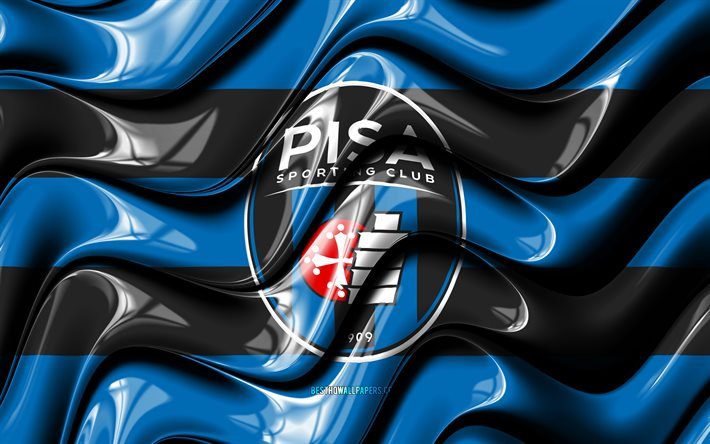Pisa FC flag, 4k, blue and black 3D waves, Serie A, italian football club, AC Pisa 1909, football, Pisa FC logo, soccer, Pisa FC