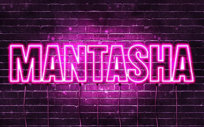 Mantasha, 4k, fonds d&#39;&#233;cran avec des noms, noms f&#233;minins, nom Mantasha, n&#233;ons violets, joyeux anniversaire Mantasha, noms f&#233;minins arabes populaires, photo avec nom Mantasha