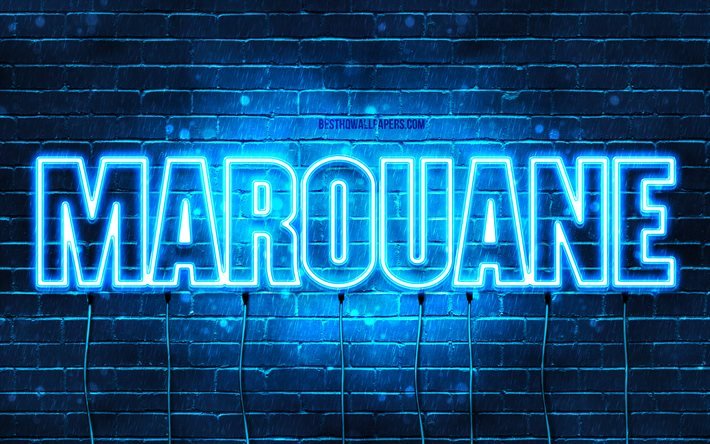 Marouane, 4k, pap&#233;is de parede com nomes, nome Marouane, luzes de n&#233;on azuis, Feliz Anivers&#225;rio Marouane, nomes masculinos &#225;rabes populares, foto com o nome Marouane
