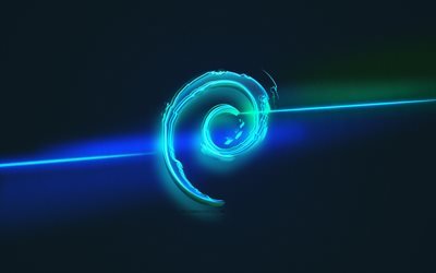 Logo Debian, arte della luce, emblema Debian, sfondo della linea di luce blu, logo al neon Debian, arte creativa, Debian