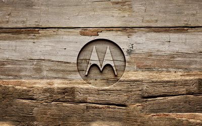 Logo en bois Motorola, 4K, arrière-plans en bois, marques, logo Motorola, créatif, sculpture sur bois, Motorola
