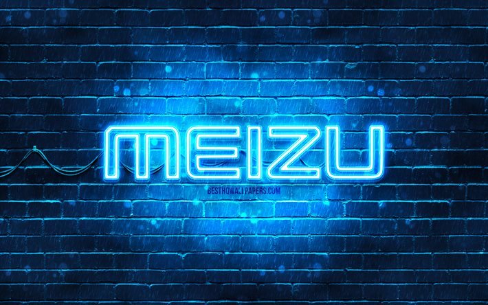 Meizu mavi logo, 4k, mavi brickwall, Meizu logo, markalar, Meizu neon logo, Meizu