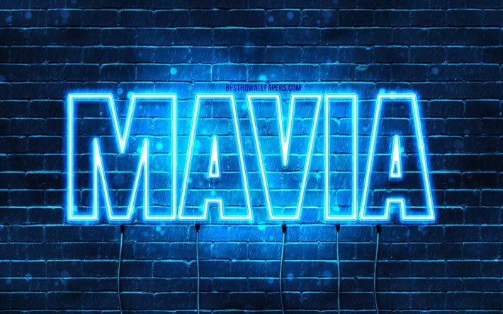 Mavia, 4k, bakgrundsbilder med namn, Mavia namn, bl&#229; neonljus, Grattis p&#229; f&#246;delsedagen Mavia, popul&#228;ra arabiska manliga namn, bild med Mavia namn
