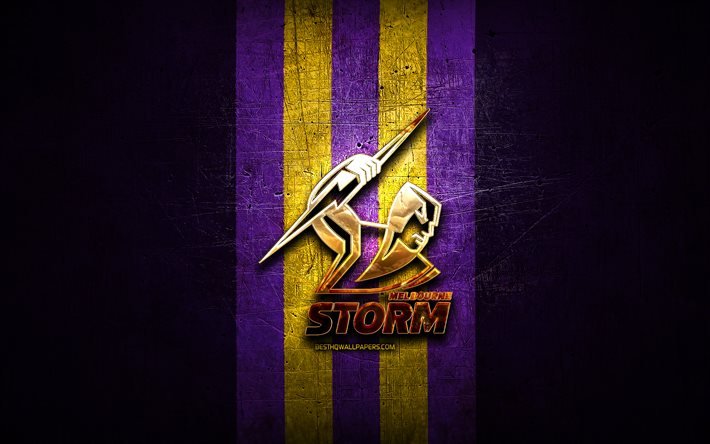 Melbourne Storm, golden logo, National Rugby League, violet metal background, australian rugby club, Melbourne Storm logo, rugby, NRL