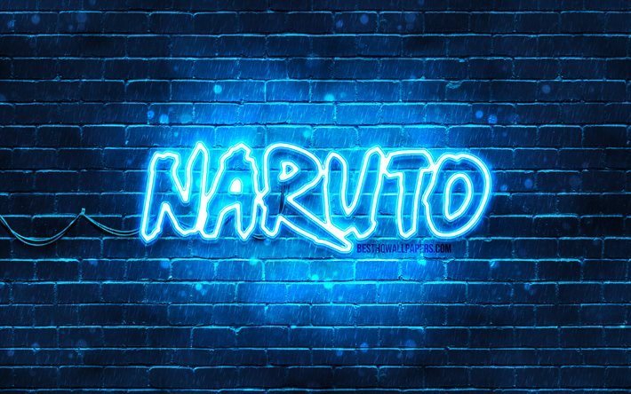 Logo bleu Naruto, 4k, mur de briques bleu, logo Naruto, manga, logo n&#233;on Naruto, Naruto