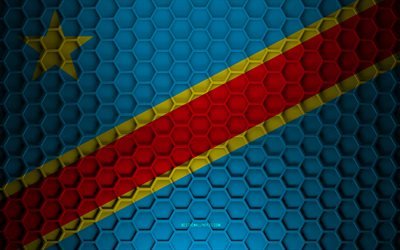 Kongon demokraattisen tasavallan lippu, kolmiulotteinen kuusikulmainen rakenne, Kongon demokraattinen tasavalta, 3d-rakenne, Kongon demokraattisen tasavallan 3d-lippu, metallirakenne
