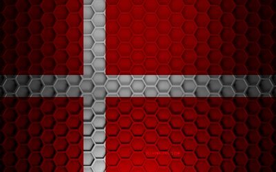Drapeau du Danemark, texture des hexagones 3d, Danemark, texture 3d, drapeau du Danemark 3d, texture en m&#233;tal, drapeau du Danemark