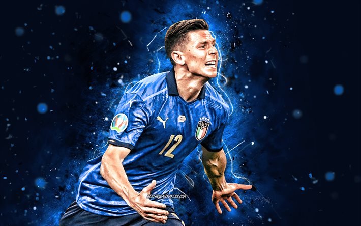 Matteo Pessina, 4k, İtalya Milli Futbol Takımı, futbol, futbolcular, mavi neon ışıklar, İtalyan futbol takımı Matteo Pessina 4K