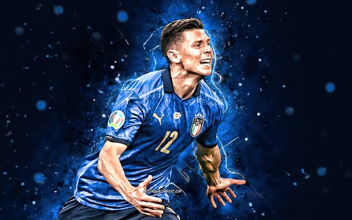 matteo pessina, 4k, italienische fu&#223;ballnationalmannschaft, fu&#223;ball, fu&#223;baller, blaue neonlichter, italienische fu&#223;ballmannschaft, matteo pessina 4k