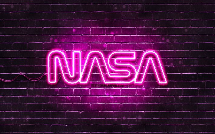 NASA purple logo, 4k, purple brickwall, NASA logo, fashion brands, NASA neon logo, NASA
