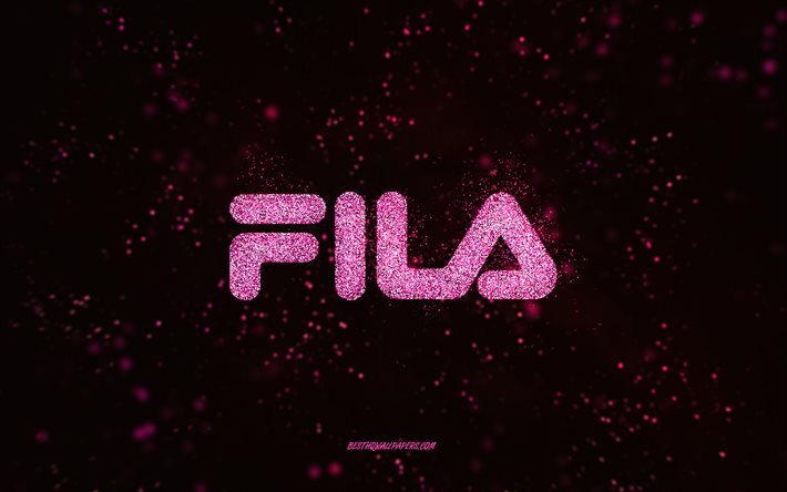 フィラキラキラロゴ, 4k, 黒の背景, Filaのロゴ, ピンクのキラキラアート, FILA, クリエイティブアート, フィラピンクのキラキラロゴ