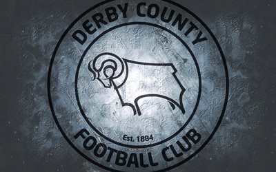 Derby County FC, English football team, white background, Derby County FC logo, grunge art, EFL Championship, Derby, football, England, Derby County FC emblem