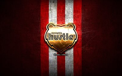 Memphis Hustle, golden logo, NBA G League, red metal background, american basketball team, Memphis Hustle logo, basketball, USA
