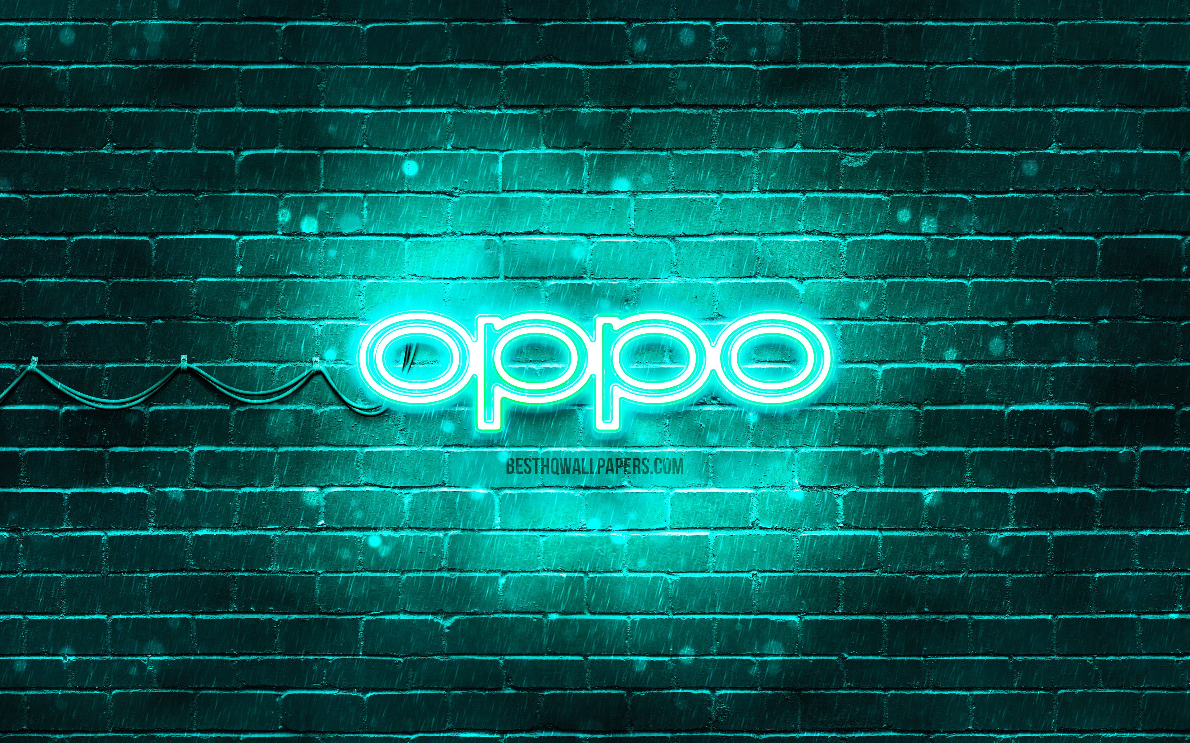 Oppo turquoise logo, 4k, turquoise brickwall, Oppo logo, brands, Oppo neon logo, Oppo