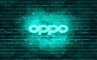 Logo turquoise Oppo, 4k, mur de briques turquoise, logo Oppo, marques, logo n&#233;on Oppo, Oppo