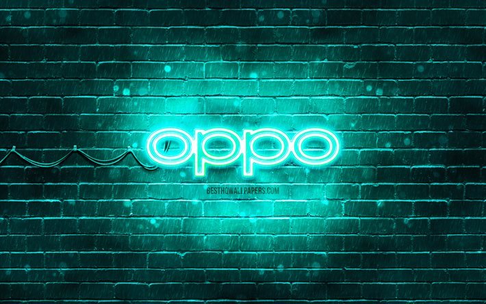 Logo Oppo turchese, 4k, muro di mattoni turchese, logo Oppo, marchi, logo Oppo neon, Oppo