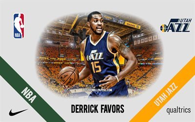 Derrick Favors, Utah Jazz, amerikkalainen koripallopelaaja, NBA, muotokuva, USA, koripallo, Vivint Arena, Utah Jazz-logo