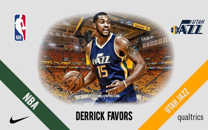 Derrick Favors, Utah Jazz, joueur am&#233;ricain de basket-ball, NBA, portrait, USA, basket-ball, Vivint Arena, logo Utah Jazz