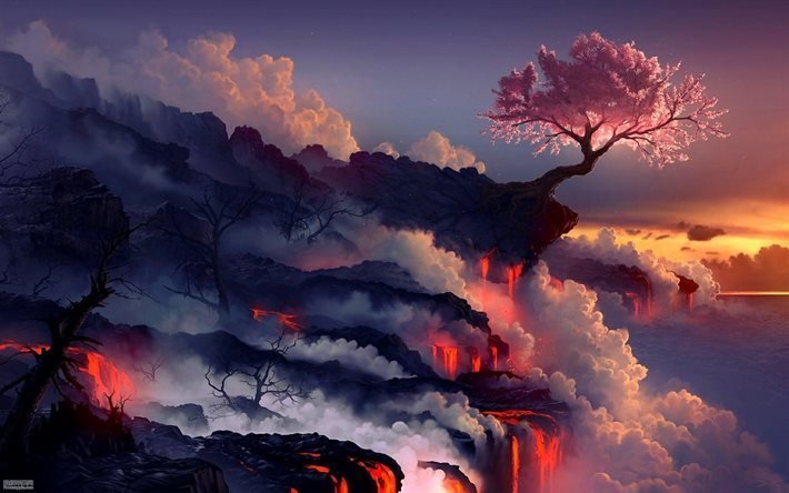 hot lava, rock, tree