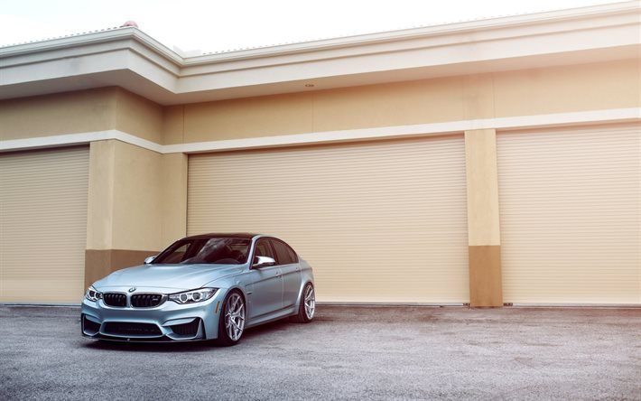 BMW M3, 2016, F80, cinza BMW, prata rodas, ajuste M3