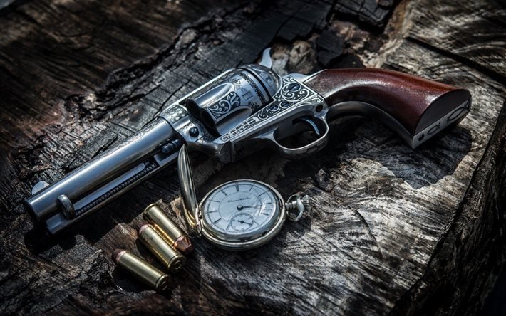 engraved weapons, revolver, pocket watch, cartridges