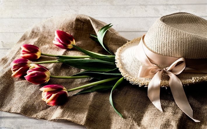 flowers, tulips, straw hat, vintage