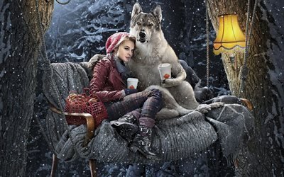 a swing sofa, coffee, winter forest