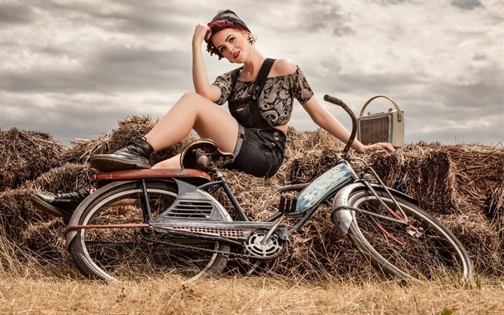 girl, old bike, hay