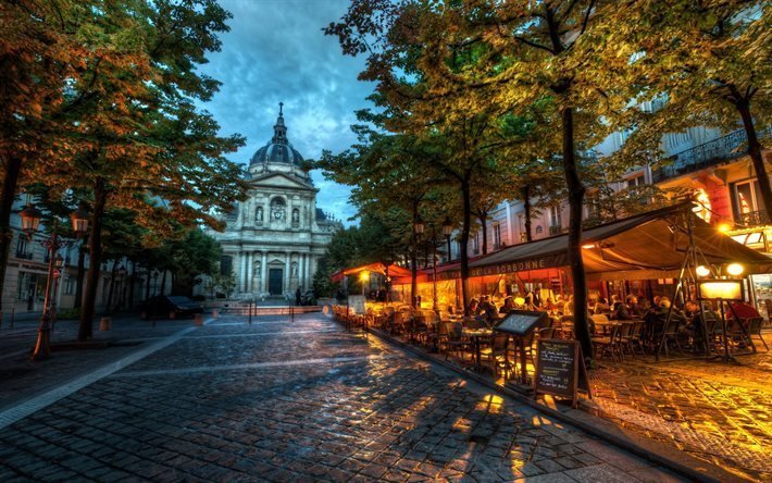 kv&#228;ll, paris, street caf&#233;, frankrike