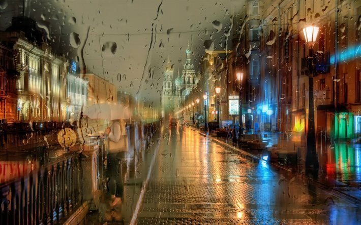 夜, 都市, 雨
