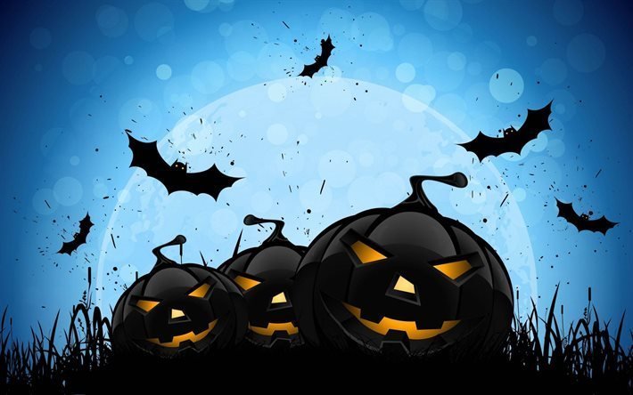 halloween, pumpkins, bats, night, moon