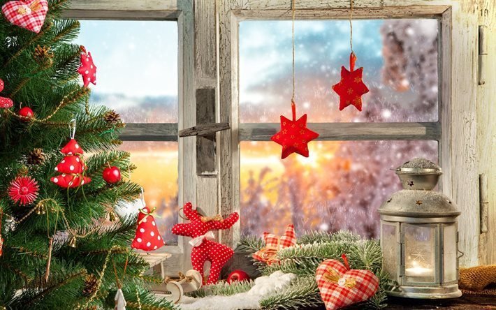 ikkuna, uusi vuosi, puu, lyhty