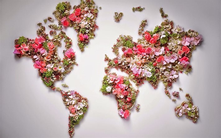 carte du monde, continents, fleurs