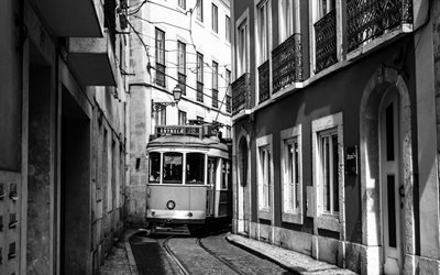 lisboa, tranv&#237;a, calle estrecha, portugal