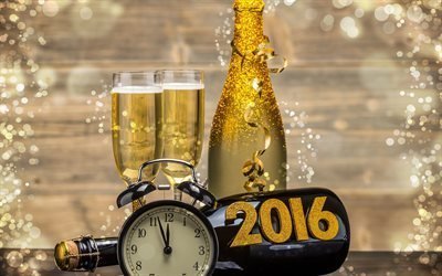 champagne, 2016, alarm clock, glasses, new year