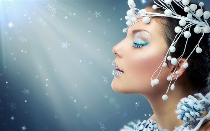 branches, snowflakes, girl, frosty makeup