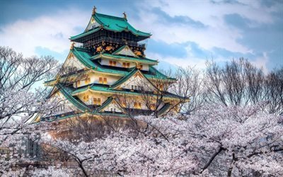 城, 春, 桜, 大阪, 日本