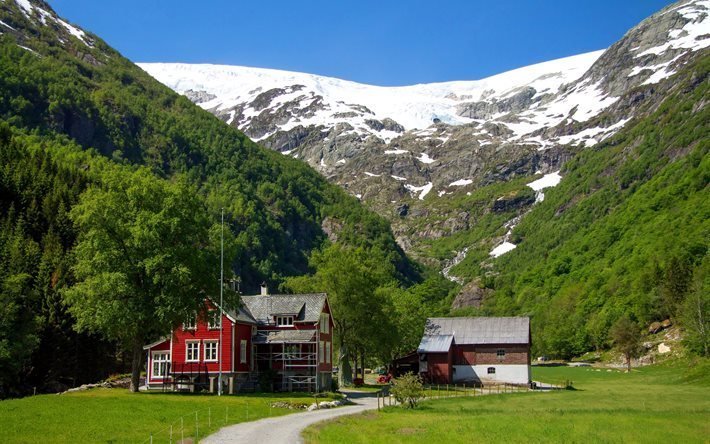 forest, cottage, mountains, municipality of odda, norway