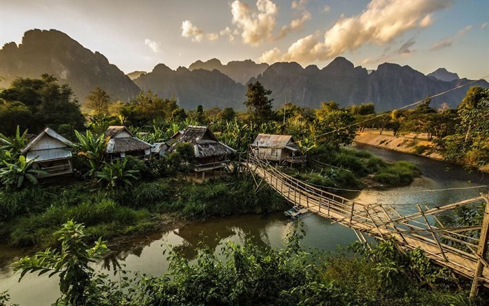 bridge, asia, vang vieng, village, laos