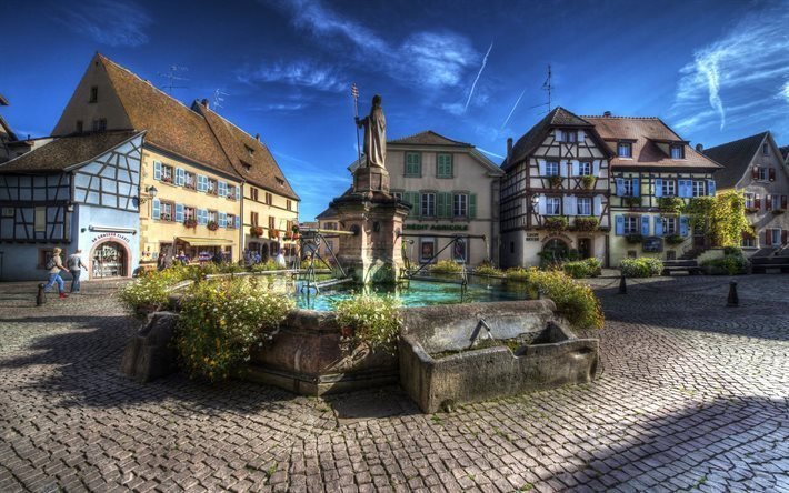 fountain, alsace, old square, france