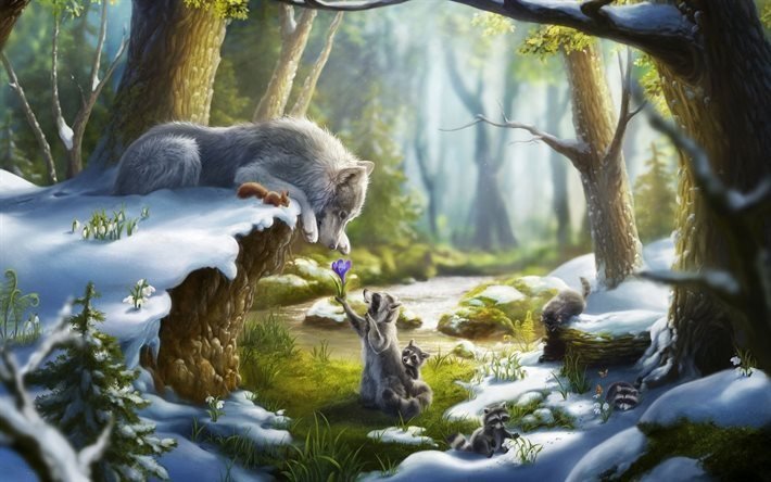 winter forest, fantasy, raccoon, wolf, art, lilies of valley